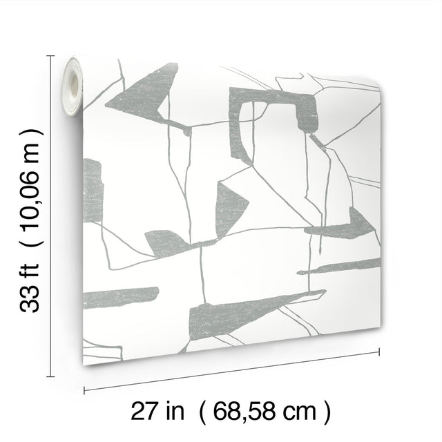 Abstract Geo White & Silver Wallpaper with Metallic Geometric Pattern - York MD7114