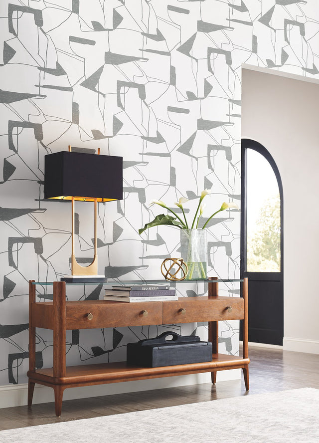 Abstract Geo White & Silver Wallpaper with Metallic Geometric Pattern - York MD7114