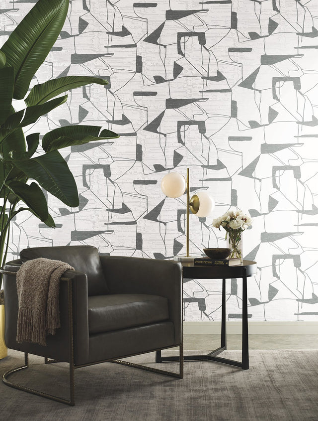 Abstract Geo White & Silver Wallpaper with Metallic Geometric Pattern - York MD7114