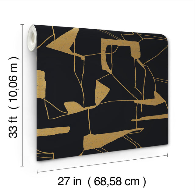 Abstract Geo Black & Gold Wallpaper with Metallic Geometric Pattern - York MD7115