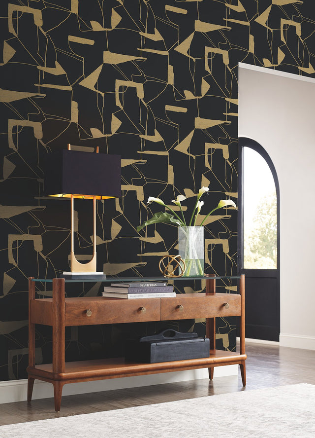 Abstract Geo Black & Gold Wallpaper with Metallic Geometric Pattern - York MD7115