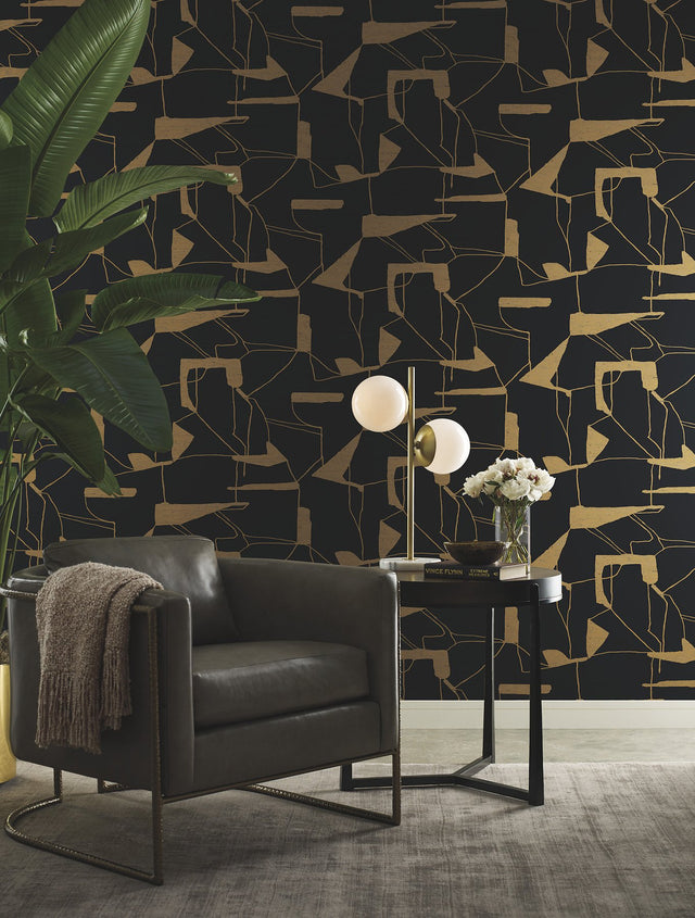 Abstract Geo Black & Gold Wallpaper with Metallic Geometric Pattern - York MD7115