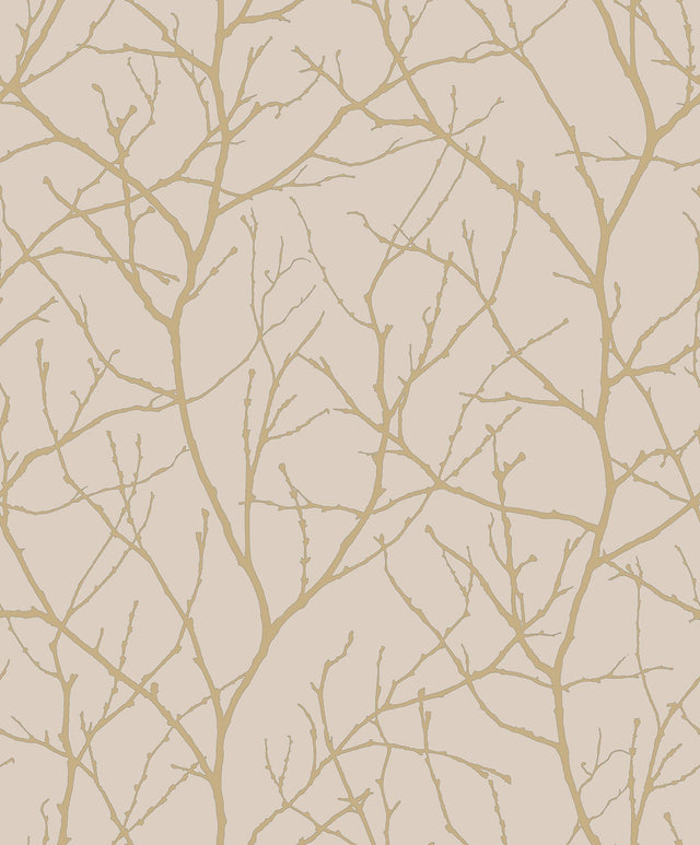 Trees Silhouette Beige & Gold Wallpaper with Metallic Branch Pattern, Modern Style - York MD7122