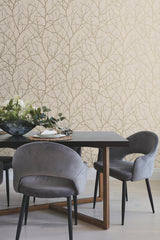 Trees Silhouette Beige & Gold Wallpaper with Metallic Branch Pattern, Modern Style - York MD7122