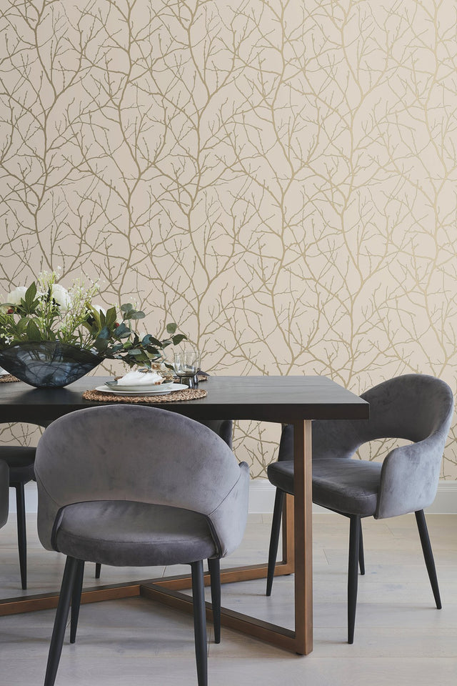 Trees Silhouette Beige & Gold Wallpaper with Metallic Branch Pattern, Modern Style - York MD7122