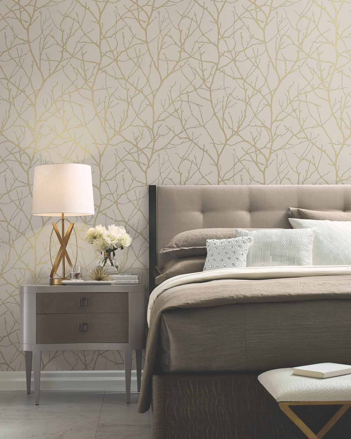 Trees Silhouette Beige & Gold Wallpaper with Metallic Branch Pattern, Modern Style - York MD7122