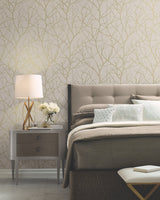 Trees Silhouette Beige & Gold Wallpaper with Metallic Branch Pattern, Modern Style - York MD7122