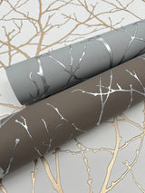 Trees Silhouette Smokey Blue & Silver Wallpaper with Metallic Botanical Branch Motif - York MD7123