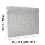 Trees Silhouette Smokey Blue & Silver Wallpaper with Metallic Botanical Branch Motif - York MD7123