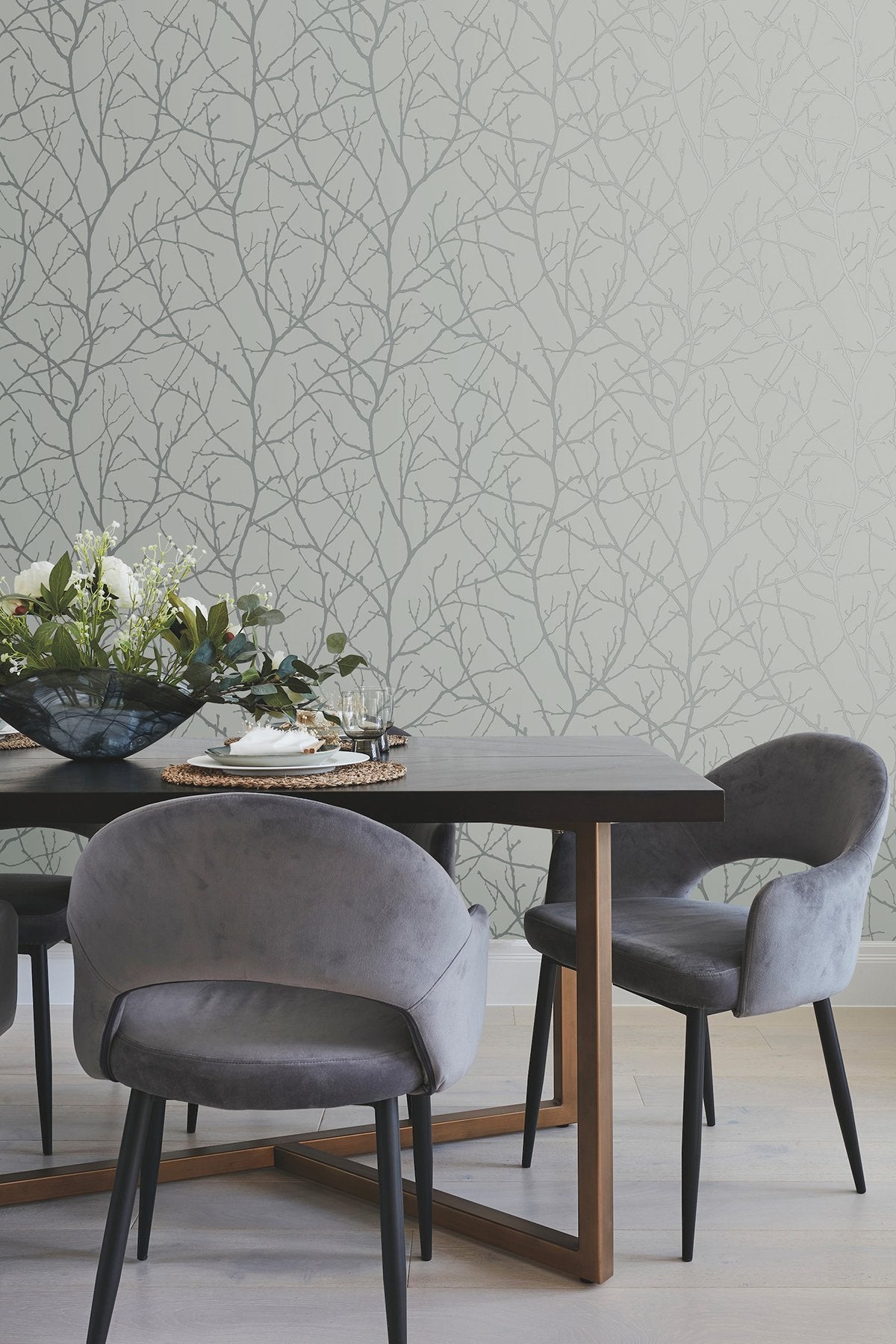 Trees Silhouette Smokey Blue & Silver Wallpaper with Metallic Botanical Branch Motif - York MD7123