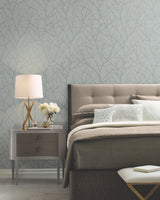 Trees Silhouette Smokey Blue & Silver Wallpaper with Metallic Botanical Branch Motif - York MD7123