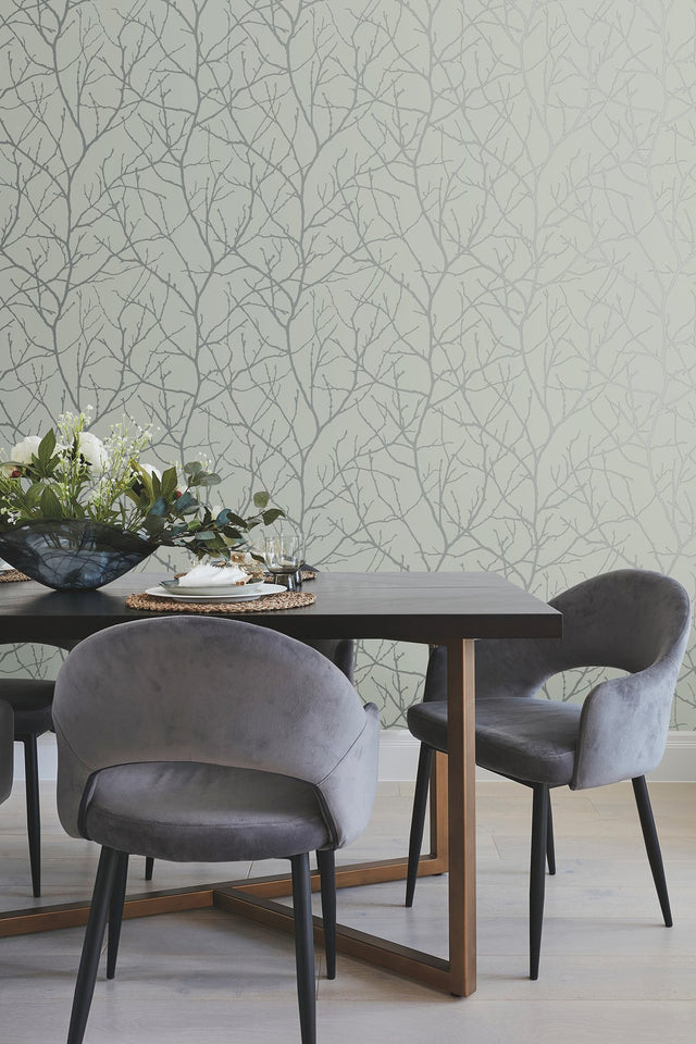 Trees Silhouette Eucalyptus & Silver Metallic Botanical Non Woven Wallpaper - York MD7124