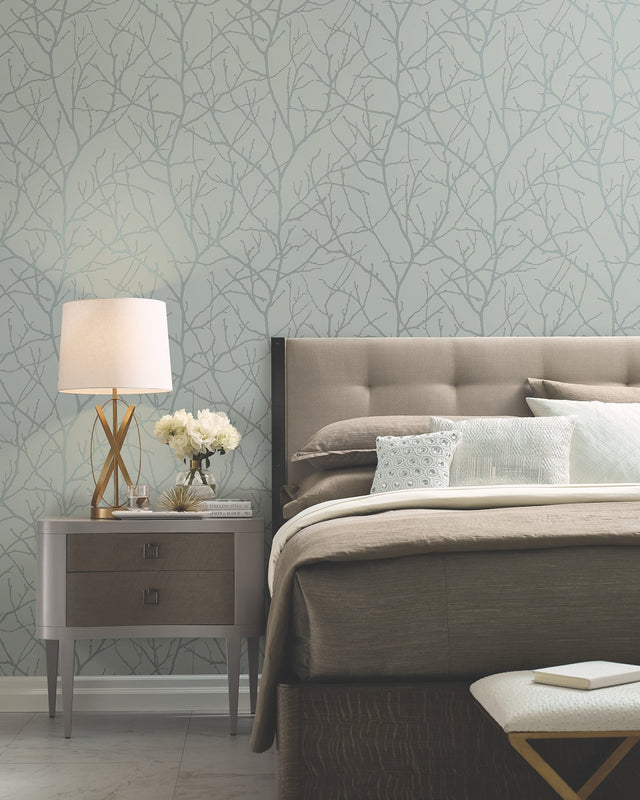 Trees Silhouette Eucalyptus & Silver Metallic Botanical Non Woven Wallpaper - York MD7124