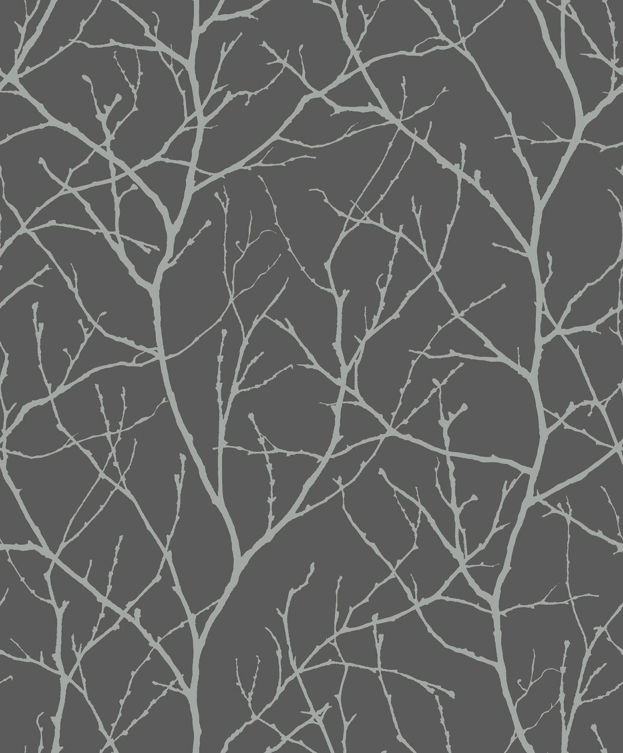 Trees Silhouette Charcoal & Silver Wallpaper with Metallic Botanical Branch Pattern - York MD7125