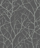 Trees Silhouette Charcoal & Silver Wallpaper with Metallic Botanical Branch Pattern - York MD7125
