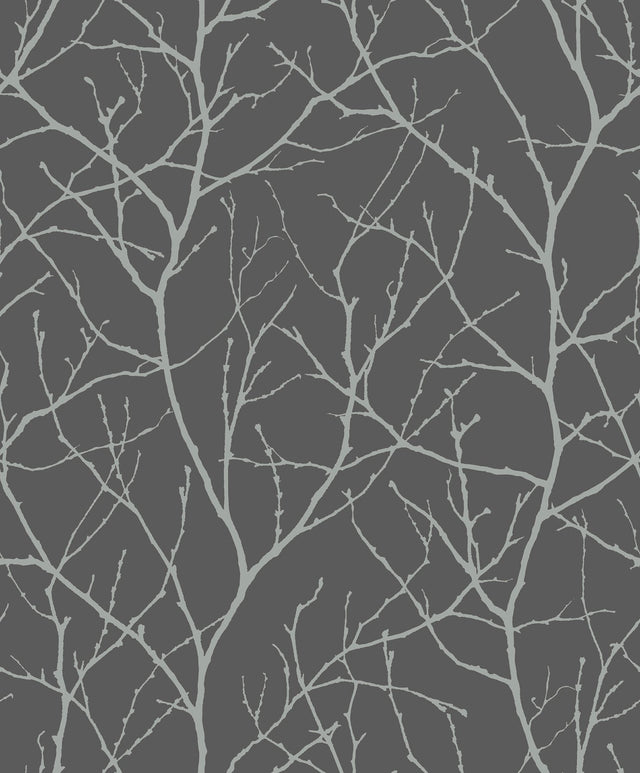 Trees Silhouette Charcoal & Silver Wallpaper with Metallic Botanical Branch Pattern - York MD7125