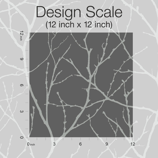 Trees Silhouette Charcoal & Silver Wallpaper with Metallic Botanical Branch Pattern - York MD7125