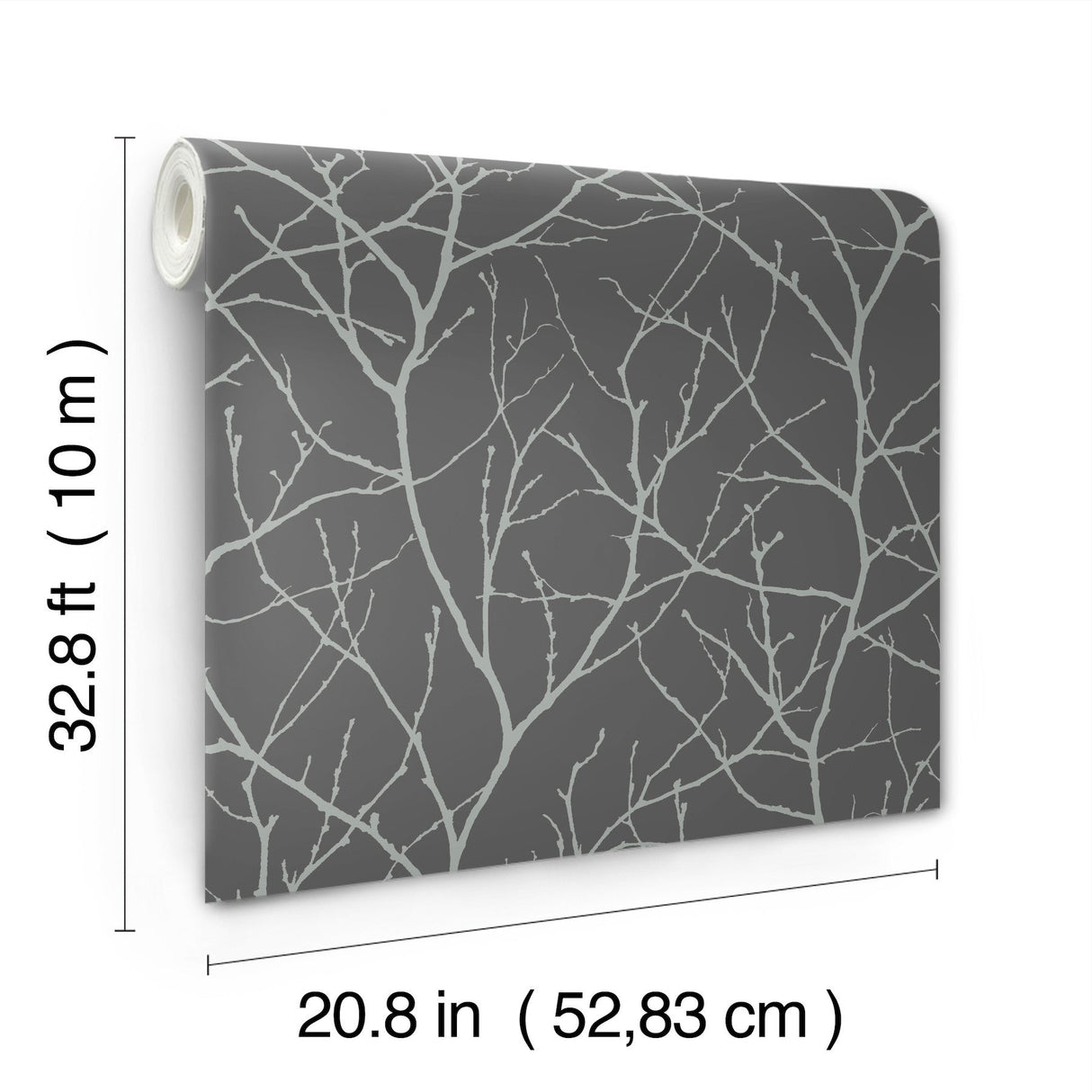 Trees Silhouette Charcoal & Silver Wallpaper with Metallic Botanical Branch Pattern - York MD7125