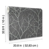 Trees Silhouette Charcoal & Silver Wallpaper with Metallic Botanical Branch Pattern - York MD7125