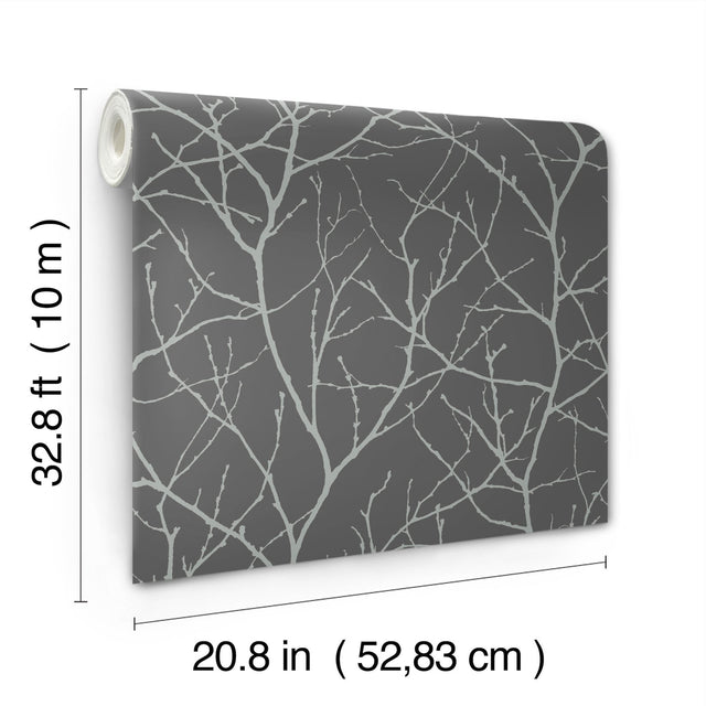 Trees Silhouette Charcoal & Silver Wallpaper with Metallic Botanical Branch Pattern - York MD7125