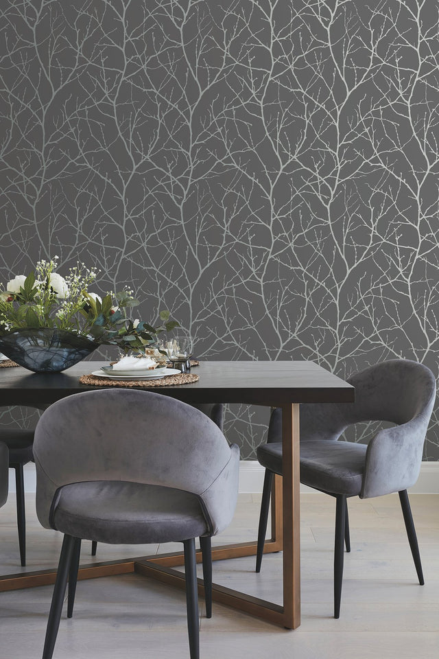 Trees Silhouette Charcoal & Silver Wallpaper with Metallic Botanical Branch Pattern - York MD7125