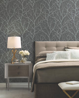 Trees Silhouette Charcoal & Silver Wallpaper with Metallic Botanical Branch Pattern - York MD7125
