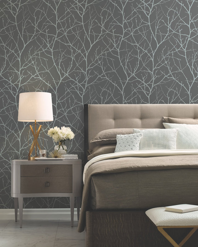 Trees Silhouette Charcoal & Silver Wallpaper with Metallic Botanical Branch Pattern - York MD7125