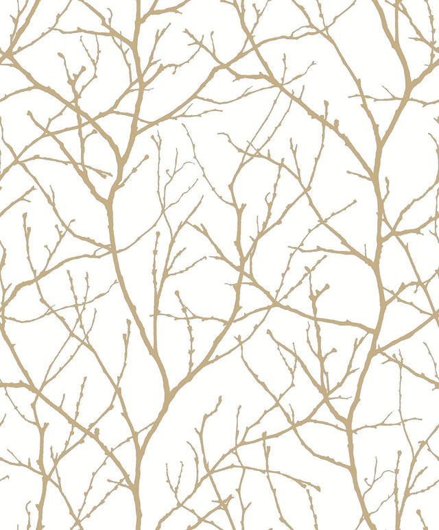 Trees Silhouette White & Gold Wallpaper with Metallic Branch Pattern - York MD7126