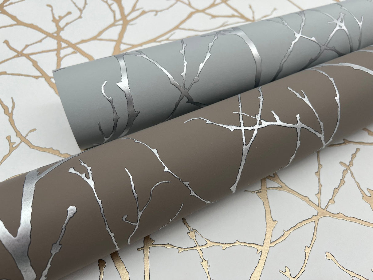 Trees Silhouette White & Gold Wallpaper with Metallic Branch Pattern - York MD7126
