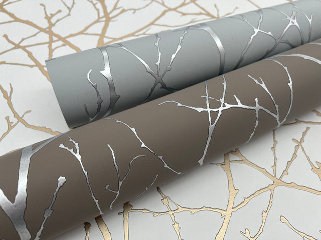 Trees Silhouette White & Gold Wallpaper with Metallic Branch Pattern - York MD7126