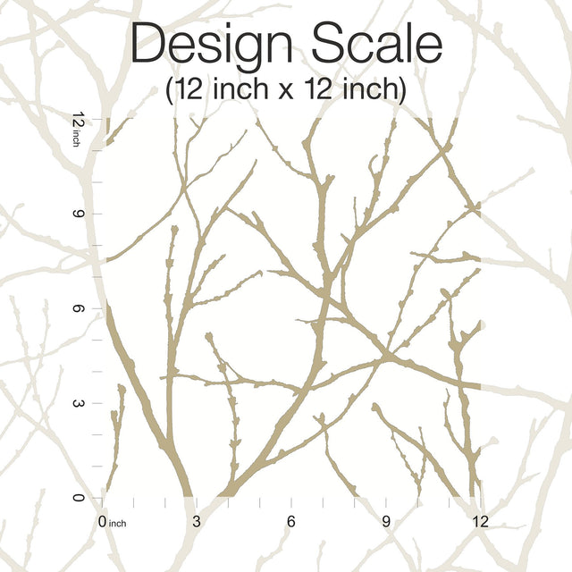 Trees Silhouette White & Gold Wallpaper with Metallic Branch Pattern - York MD7126
