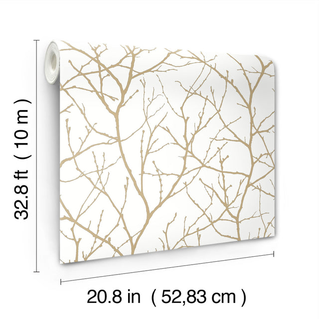Trees Silhouette White & Gold Wallpaper with Metallic Branch Pattern - York MD7126
