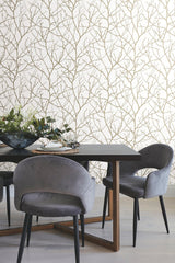 Trees Silhouette White & Gold Wallpaper with Metallic Branch Pattern - York MD7126