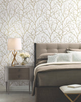 Trees Silhouette White & Gold Wallpaper with Metallic Branch Pattern - York MD7126