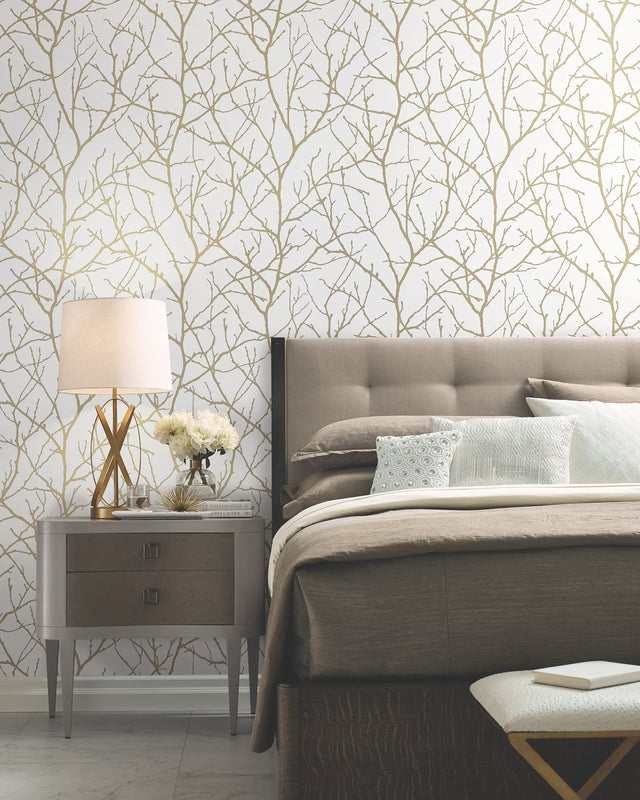 Trees Silhouette White & Gold Wallpaper with Metallic Branch Pattern - York MD7126