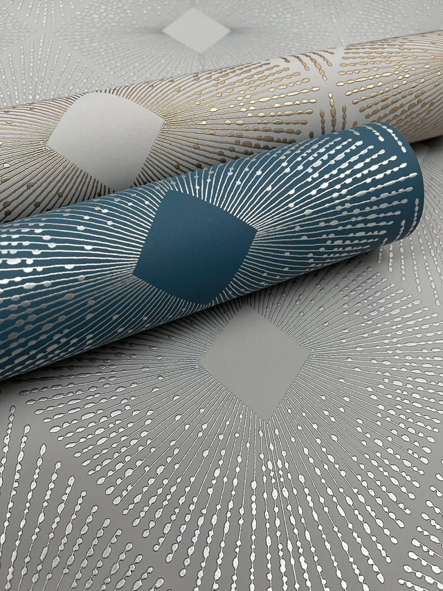 Harlowe Blue & Silver Geometric Metallic Wallpaper - York MD7131