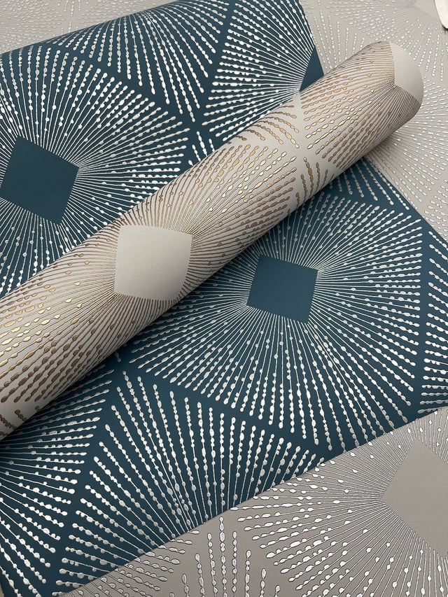 Harlowe Blue & Silver Geometric Metallic Wallpaper - York MD7131