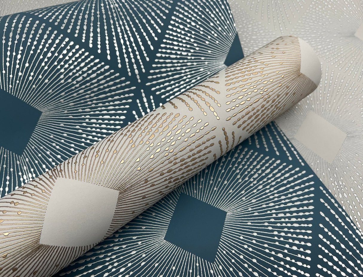 Harlowe Blue & Silver Geometric Metallic Wallpaper - York MD7131