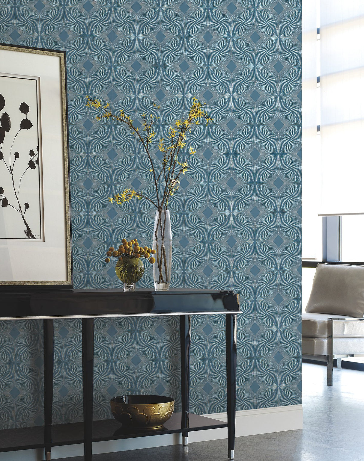 Harlowe Blue & Silver Geometric Metallic Wallpaper - York MD7131