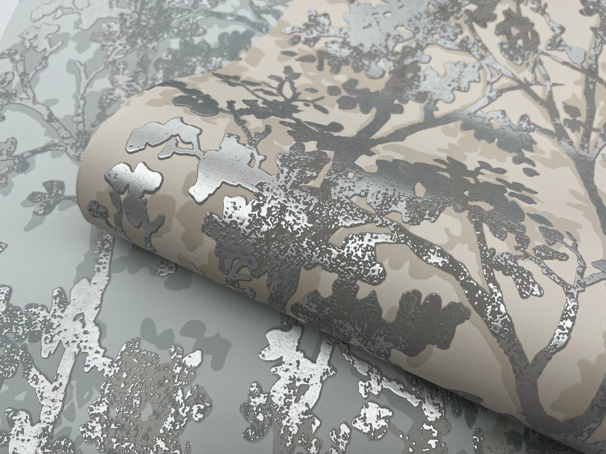 Shimmering Foliage Spa & Silver Wallpaper with Metallic Botanical Tree Motif - York MD7142