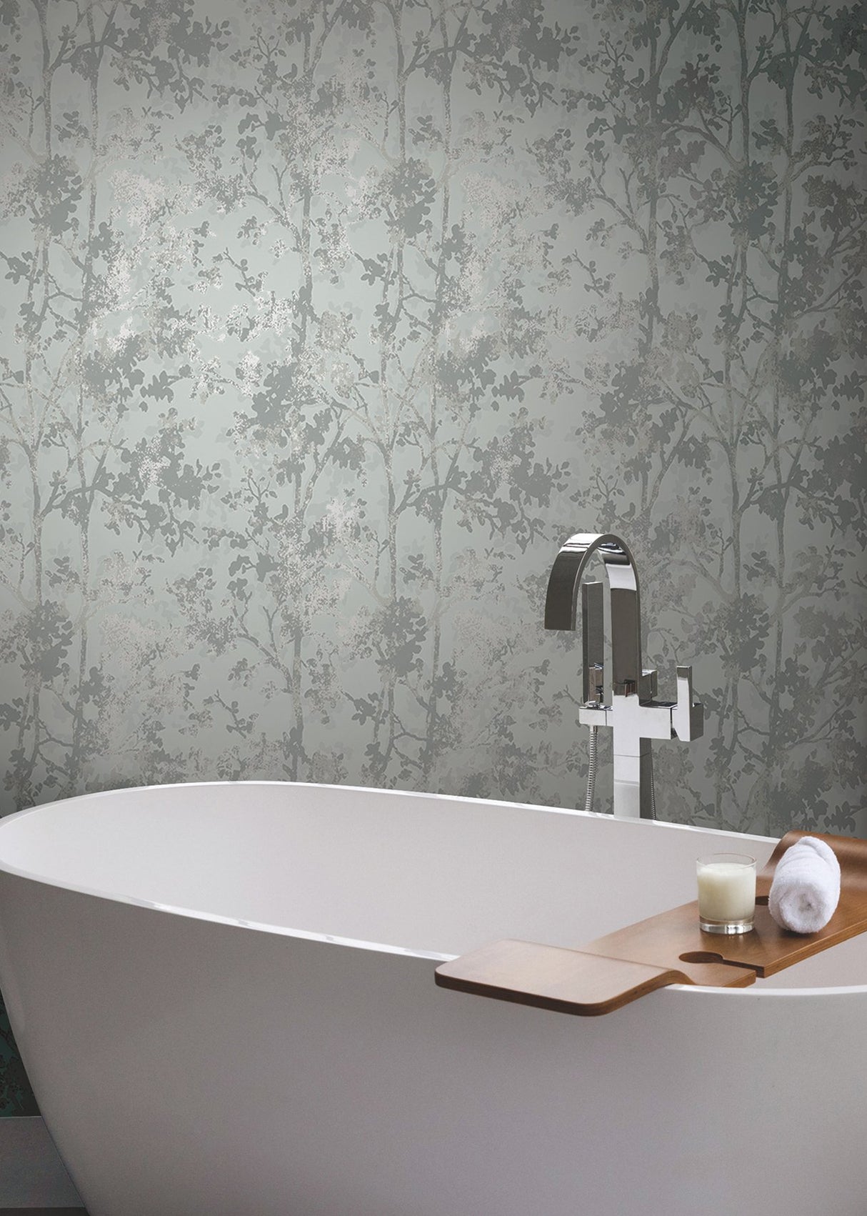 Shimmering Foliage Spa & Silver Wallpaper with Metallic Botanical Tree Motif - York MD7142