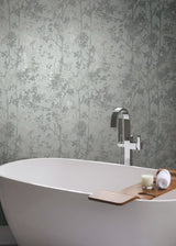 Shimmering Foliage Spa & Silver Wallpaper with Metallic Botanical Tree Motif - York MD7142