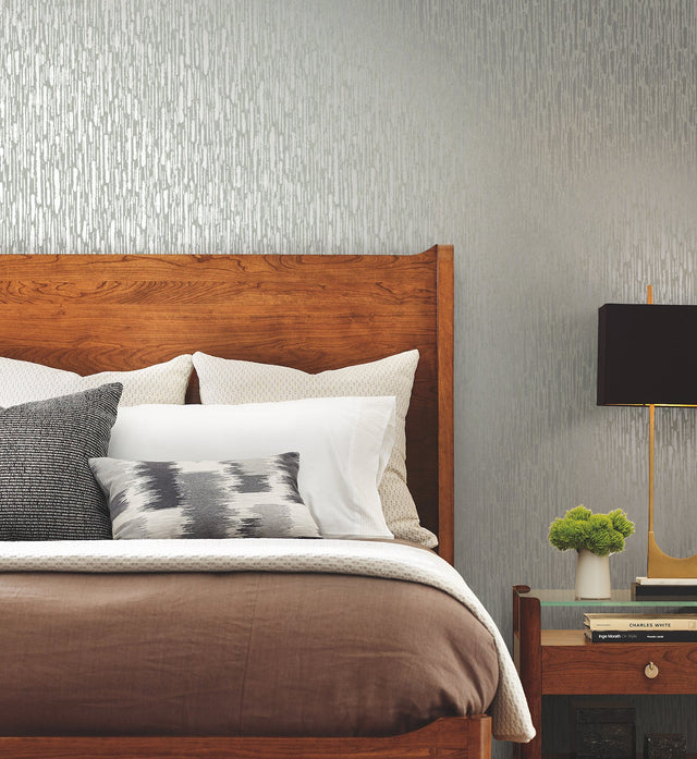 Metallic Cascade Pale Green & Silver Wallpaper with Metallic Textured Vertical Brushstroke Stria - York MD7153