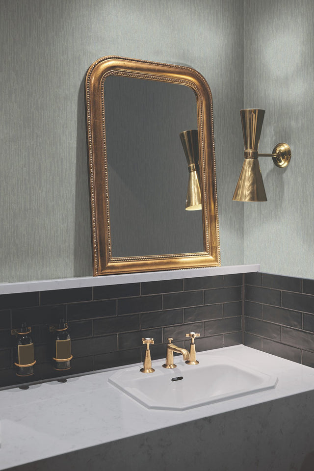 Metallic Cascade Pale Green & Silver Wallpaper with Metallic Textured Vertical Brushstroke Stria - York MD7153