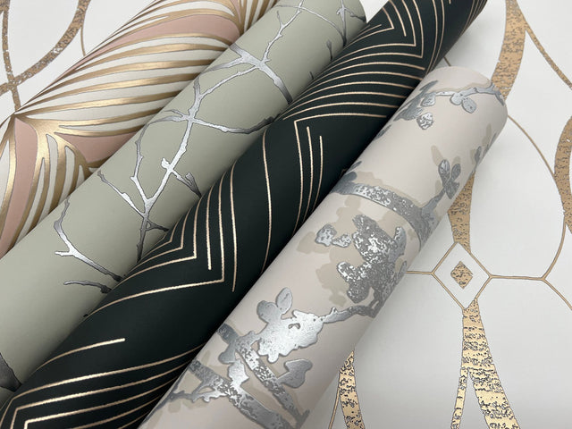 Luminous Leaves Blush & Gold Wallpaper with Metallic Tropical Leaf Motif - York MD7161
