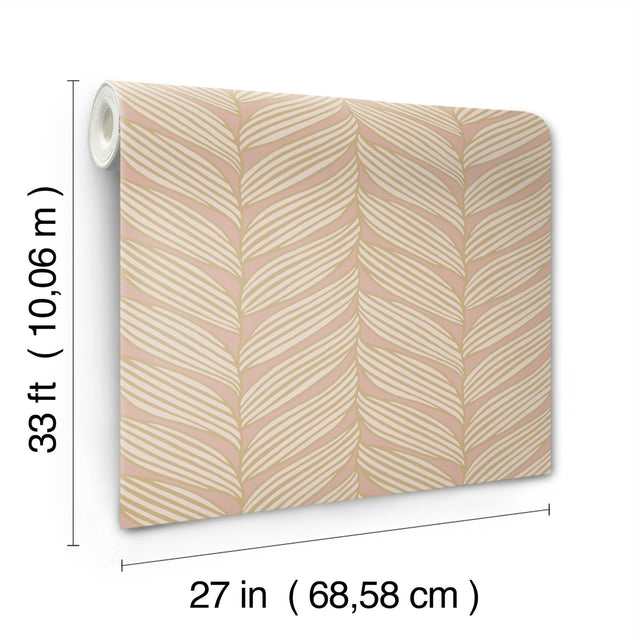 Luminous Leaves Blush & Gold Wallpaper with Metallic Tropical Leaf Motif - York MD7161