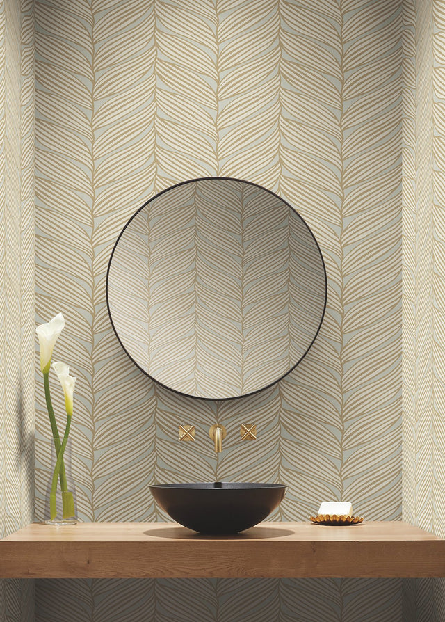 Luminous Leaves Neutral & Gold Wallpaper with Metallic Tropical Leaf Pattern - York MD7162