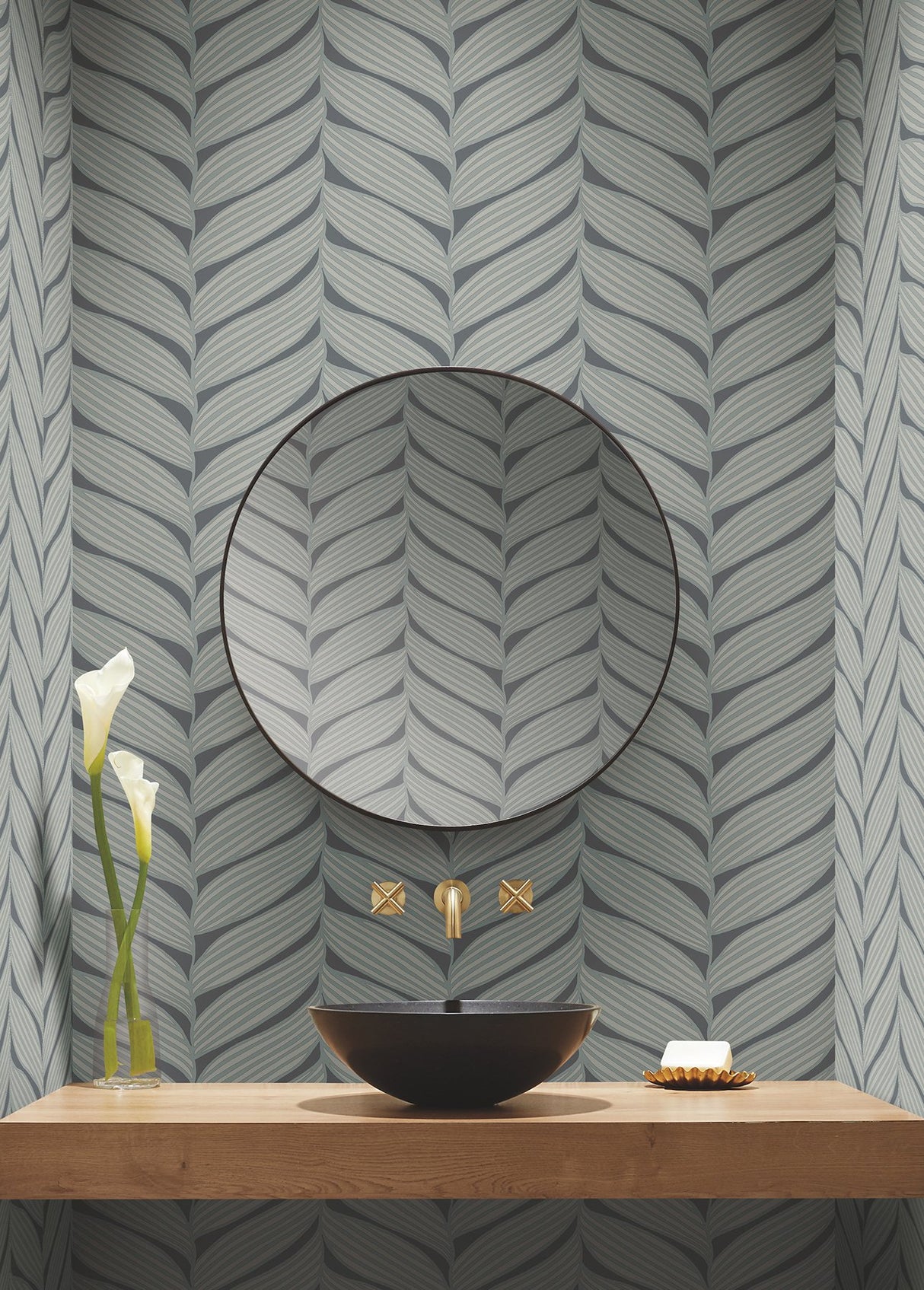Luminous Leaves Charcoal & Silver Wallpaper with Metallic Tropical Leaf Pattern - York MD7163