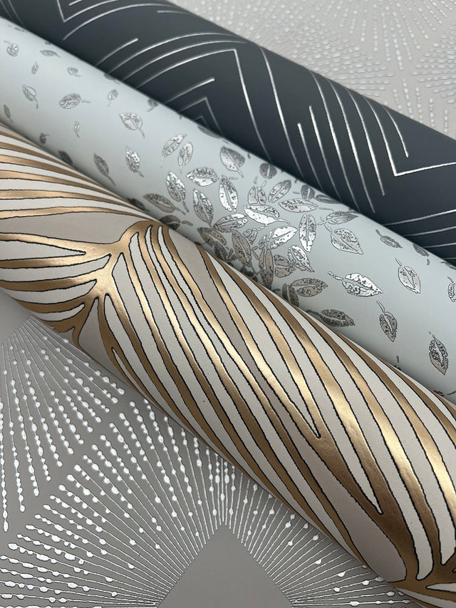 Luminous Leaves Grey & Gold Wallpaper with Metallic Tropical Leaf Motif - York MD7164