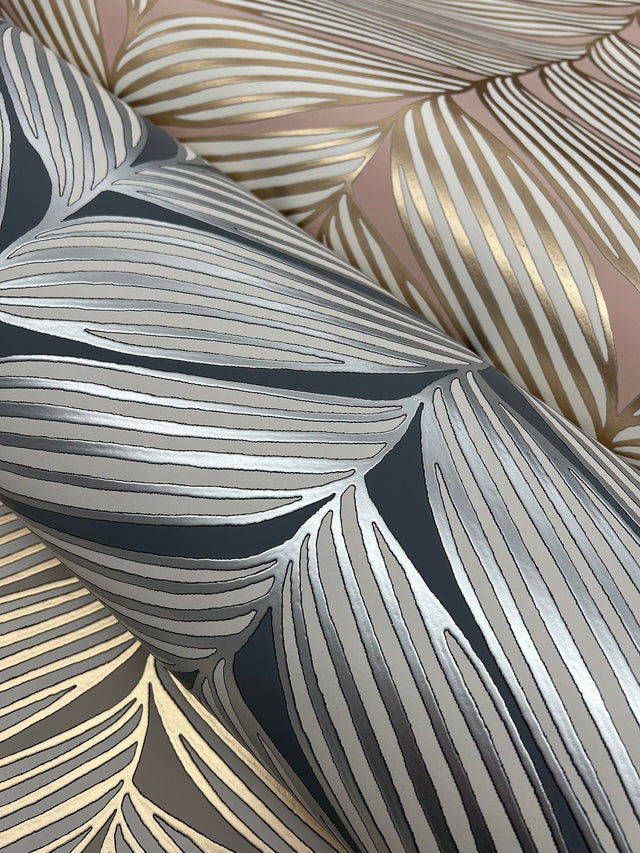 Luminous Leaves Grey & Gold Wallpaper with Metallic Tropical Leaf Motif - York MD7164